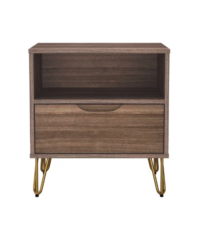 Brown nightstand with drawer and open shelf on gold hairpin legs, modern style, brown finish
