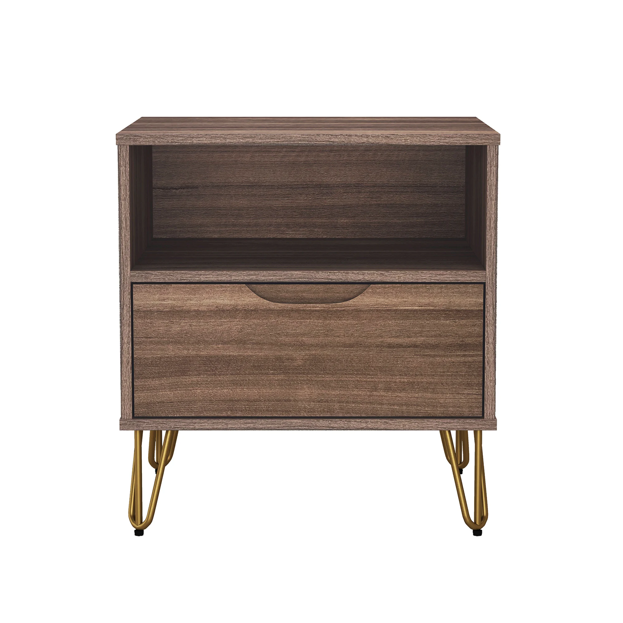 H1e1f1cb363744aadab8b7e2069f01798F.webp Brown nightstand with drawer and open shelf on gold hairpin legs, modern style, brown finish