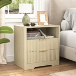Nightstand with USB charging station and two drawers in wood finish by Goldoma