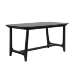 Mid-century modern dining table with black ash veneer top and trestle base in a dining room setting