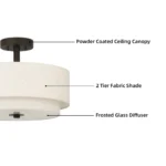 Angle view of the contemporary ceiling light in a bedroom, highlighting its layered fabric design and neutral color.