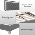 Queen upholstered platform bed with LED lights and tufted headboard in modern bedroom setting