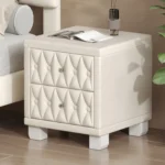 Beige velvet nightstand with two drawers and crystal knobs tufted bedside table for bedroom storage