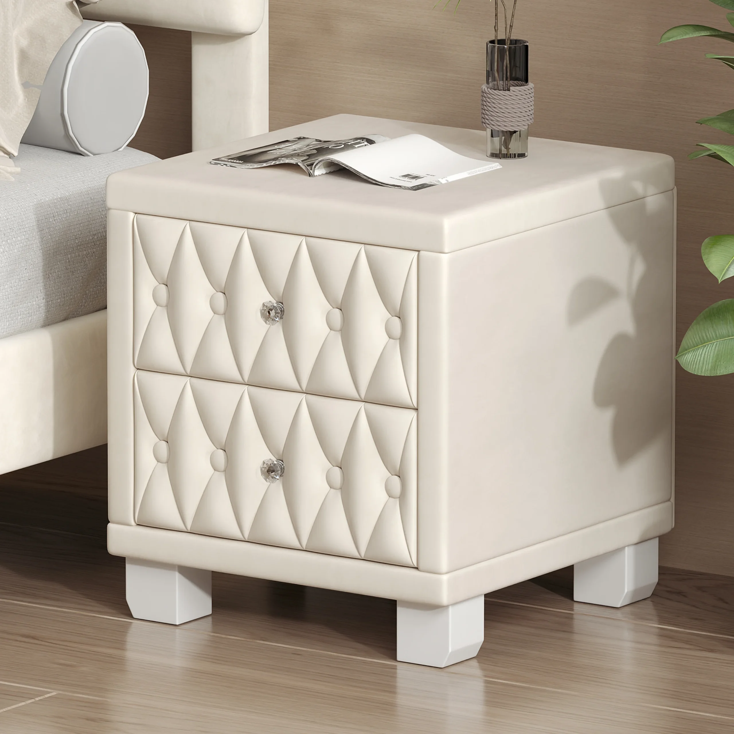 H1ede8361756047c2ab6560b6e9829deeq.webp Beige velvet nightstand with two drawers and crystal knobs tufted bedside table for bedroom storage