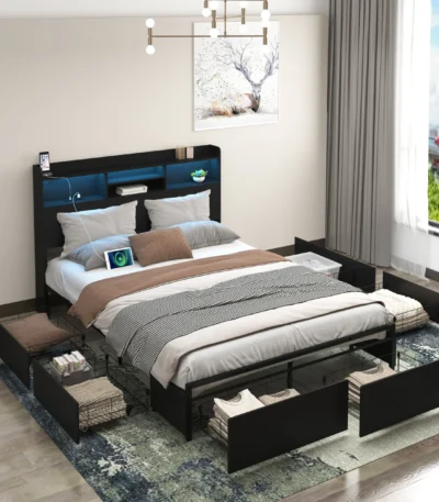Goldoma full size bed frame with storage drawers, LED lights, and charging station in a modern bedroom