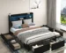 Goldoma Full Size Bed Frame with 6 Storage Drawers, Storage Headboard, Charging Station & LED Lights