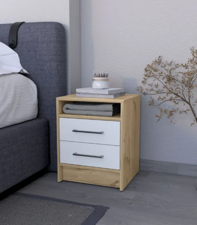Minimalist Philadelphia nightstand with two drawers and concealed shelf in a modern bedroom setting