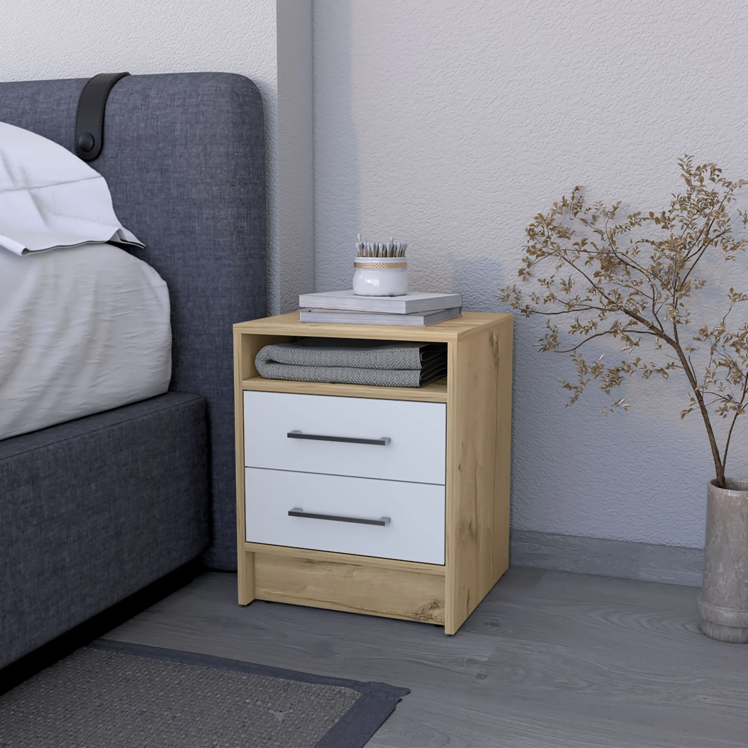 Philadelphia two drawer nightstand with concealed shelf in a modern bedroom