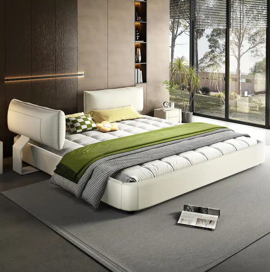 Goldoma King Size Cloud Bed Frame with Oversized Padded Movable Headboard, Chenille Upholstered Bed with Round Corners