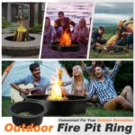 Outdoor fire pit with galvanized steel ring and burning wood