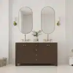 White modern plywood 60-inch double sink bathroom vanity with marble top and two mirrors, floor standing in a bright
