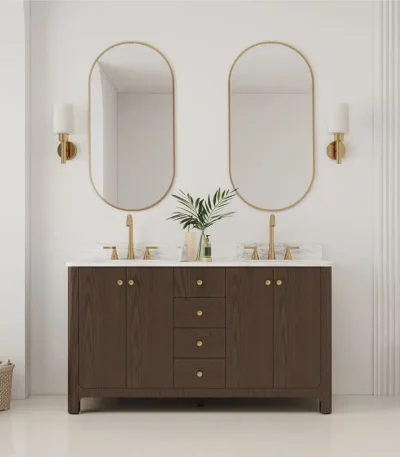 White modern plywood 60-inch double sink bathroom vanity with marble top and two mirrors, floor standing in a bright