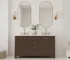 White modern plywood 60-inch double sink bathroom vanity with marble top and two mirrors, floor standing in a bright