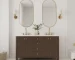White modern plywood 60-inch double sink bathroom vanity with marble top and two mirrors, floor standing in a bright