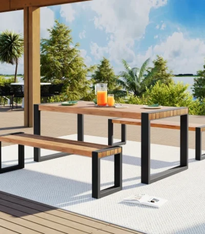 Modern outdoor dining set with acacia wood table and two benches on a patio