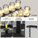 Angled view of the rectangular Goldoma chandelier showing its sleek black finish and LED bulbs