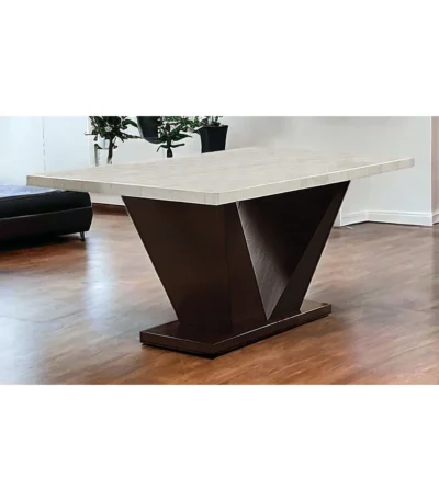 Close-up of Goldoma 64 inch white and dark brown marble pedestal dining table, showcasing the genuine marble top and V-shaped wood base.