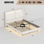 Goldoma queen floating bed frame with LED lights and charging station, velvet upholstered headboard