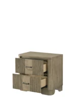 Antique oak nightstand with two drawers, grooved front panel, and rounded edges