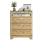 Modern 4-drawer wood dresser chest – bedroom storage organizer with woven fronts and gold handles