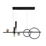 Black gold chandelier in a bright room with white ceiling, emphasizing its contemporary design