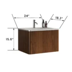 Detailed view of the striped push-open drawer mechanism on the melamine cabinet.