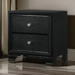 Modern black wooden nightstand with two drawers and crystal pulls