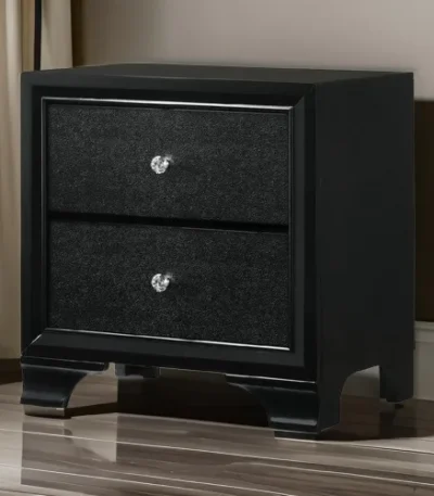 Modern black wooden nightstand with two drawers and crystal pulls