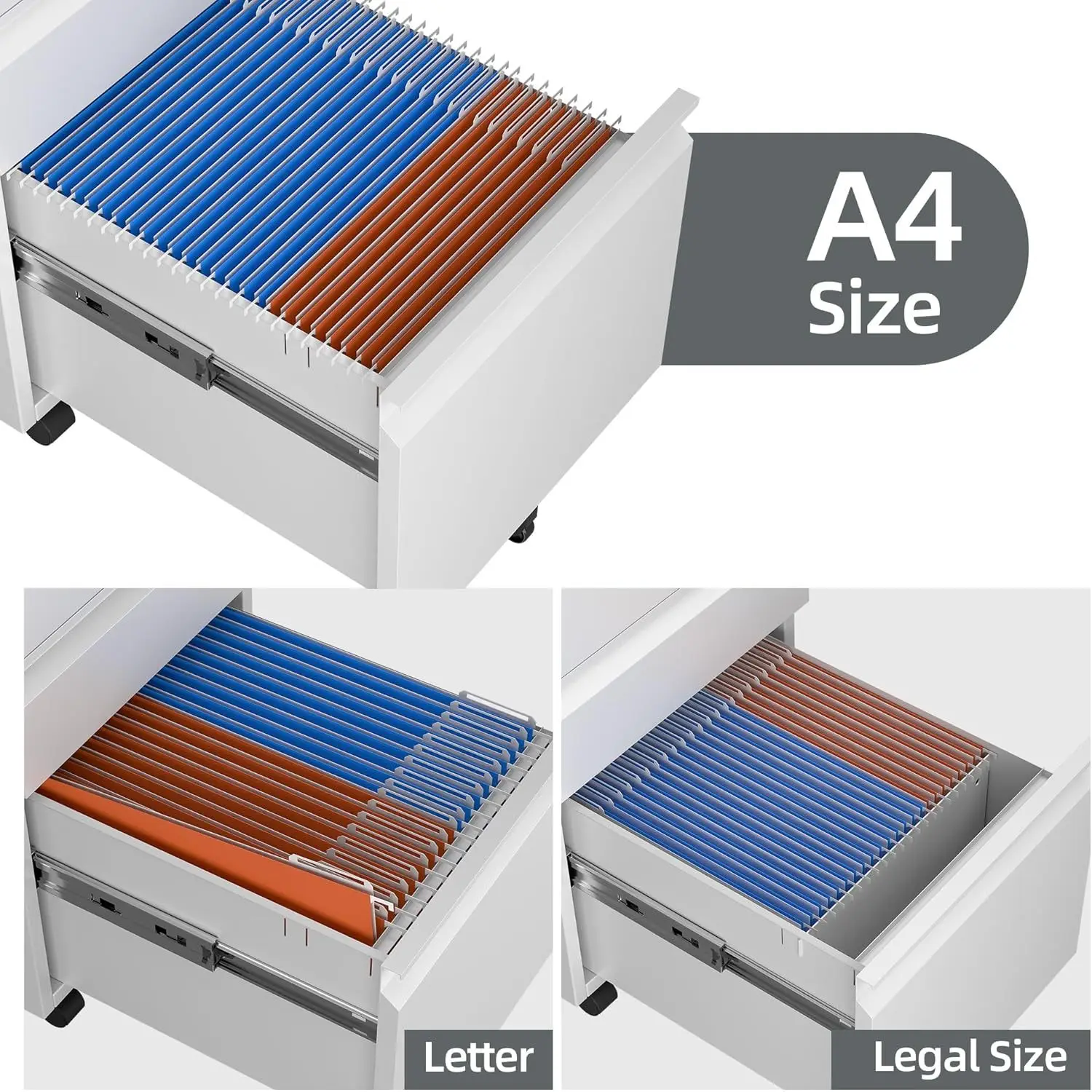 3 Drawer Mobile File Cabinet Fully Assembled White FCJ Metal Filing Cabinet for Office Home A4 Legal Letter Size Lock Movable