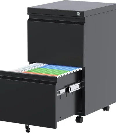 Black FCJ Fully Assembled Mobile Metal File Cabinet 2 Drawer Vertical Lock Wheels Letter Size Office Storage for Desk Office