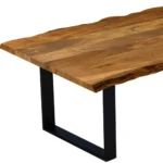63-inch solid wood dining table with black sled base and brown top in modern industrial style from Goldoma