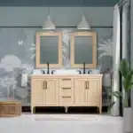White 60-inch double sink bathroom vanity with marble top and two mirrors, set against a tiled wall.