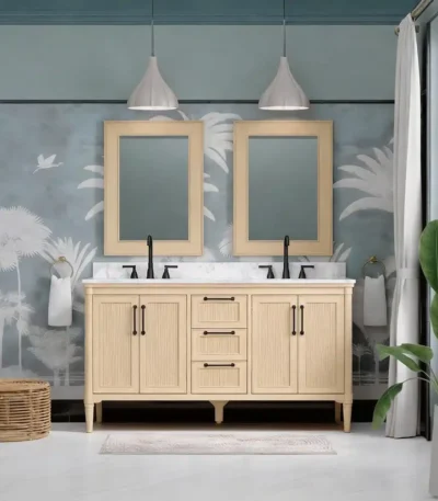 White 60-inch double sink bathroom vanity with marble top and two mirrors, set against a tiled wall.