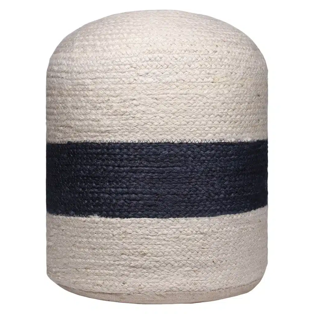 Goldoma 18" Off-White and Navy Blue Jute Blend Cylinder Ottoman Pouf