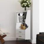 Wooden Corner bar Cabinet with 2 Open Storage Shelves and 2 Drawers Mirrored Back Sideboard Cabinet High Feet Legs - Image 15
