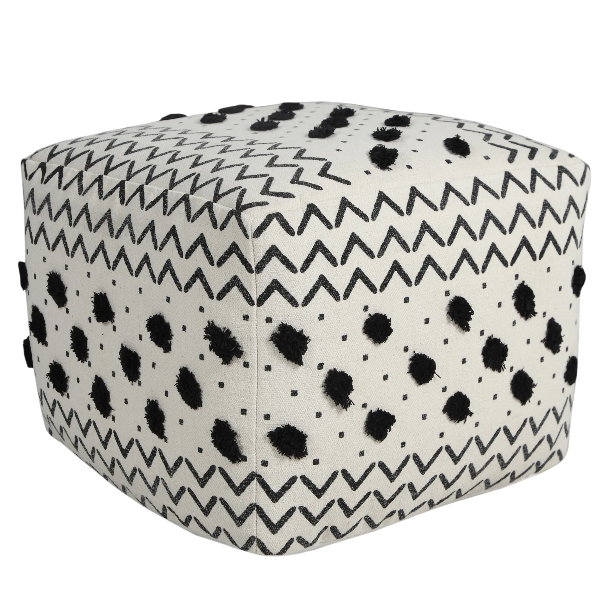 Goldoma 18" White Cotton Chevron Pouf Ottoman with Storage - Modern Foot Stool for Bedroom