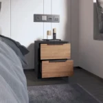 Wenge and pine nightstand – modern 2-drawer bedside storage cabinet in a bedroom setting