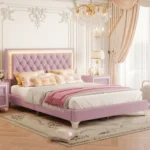 Goldoma queen platform bed with LED lights and tufted PU leather headboard in modern style