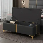 Goldoma velvet storage ottoman bench with metal legs in black - modern storage ottoman for living room