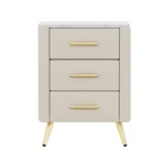 Modern 2-drawer nightstand with wood top beside bed in bedroom