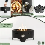 Portable propane fire pit 15 inch round stainless steel with flames