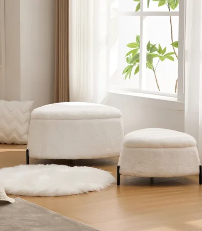 White faux fur storage ottoman set of 2 with metal legs placed in bedroom as footrest and shoe changing stool