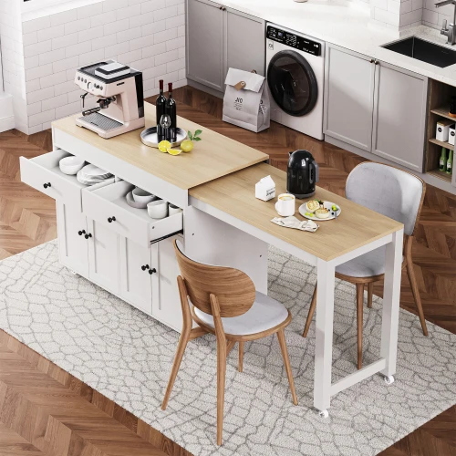 K&K 74.5 Inch Modern Kitchen Island with Extendable Dining Table on Wheels Waterproof Portable Spice Rack & 2 Drawers