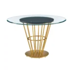 48" Clear and Gold Round Glass Dining Table with Pedestal Base – styled in a modern Round Dining Tables setting