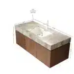 Close-up of the light gray sintered stone countertop and integrated ceramic basin on the Goldoma 48-inch floating