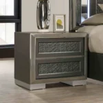 Goldoma contemporary 2-drawer wood nightstand with gold caps in bedroom setting