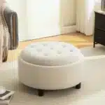 Goldoma 29.33"W Upholstered Round Ottoman with Reversible Lid – Fleece Fabric Storage Stool for Living Room