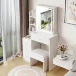 White 29.2 inch LED vanity table with sliding storage and cushioned stool in small bedroom