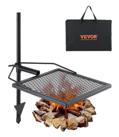 Goldoma swivel campfire grill with adjustable grate over fire pit
