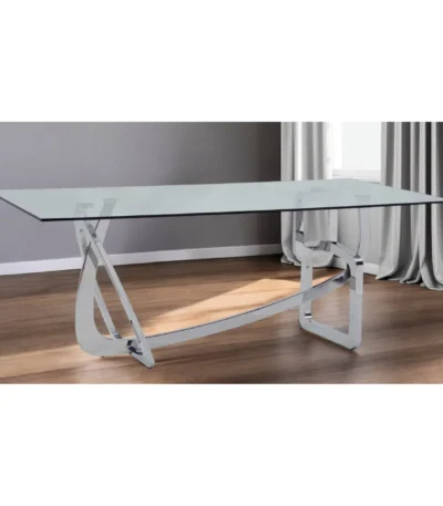 79-inch clear glass dining table with silver stainless steel trestle base in a modern dining room